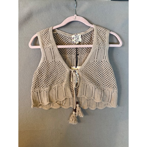 Hippie Rose Jackets & Blazers - Hippie Rose Sand Stone Crochet Tassel Tie Front Cropped Vest 4T01859 Small NEW
